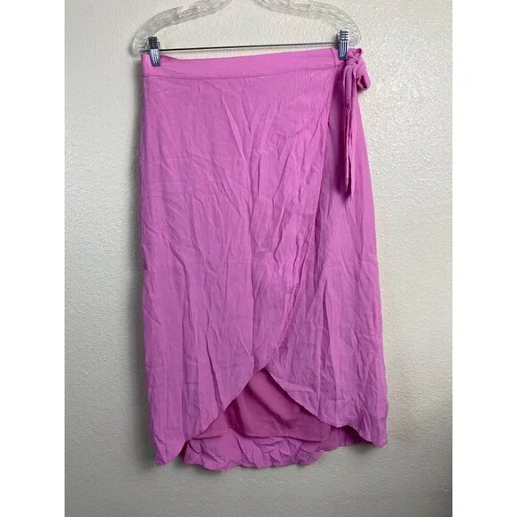 American Eagle Side Tie Wrap Midi Skirt Pink Women Large Barbie High Low Lined - Picture 1 of 12